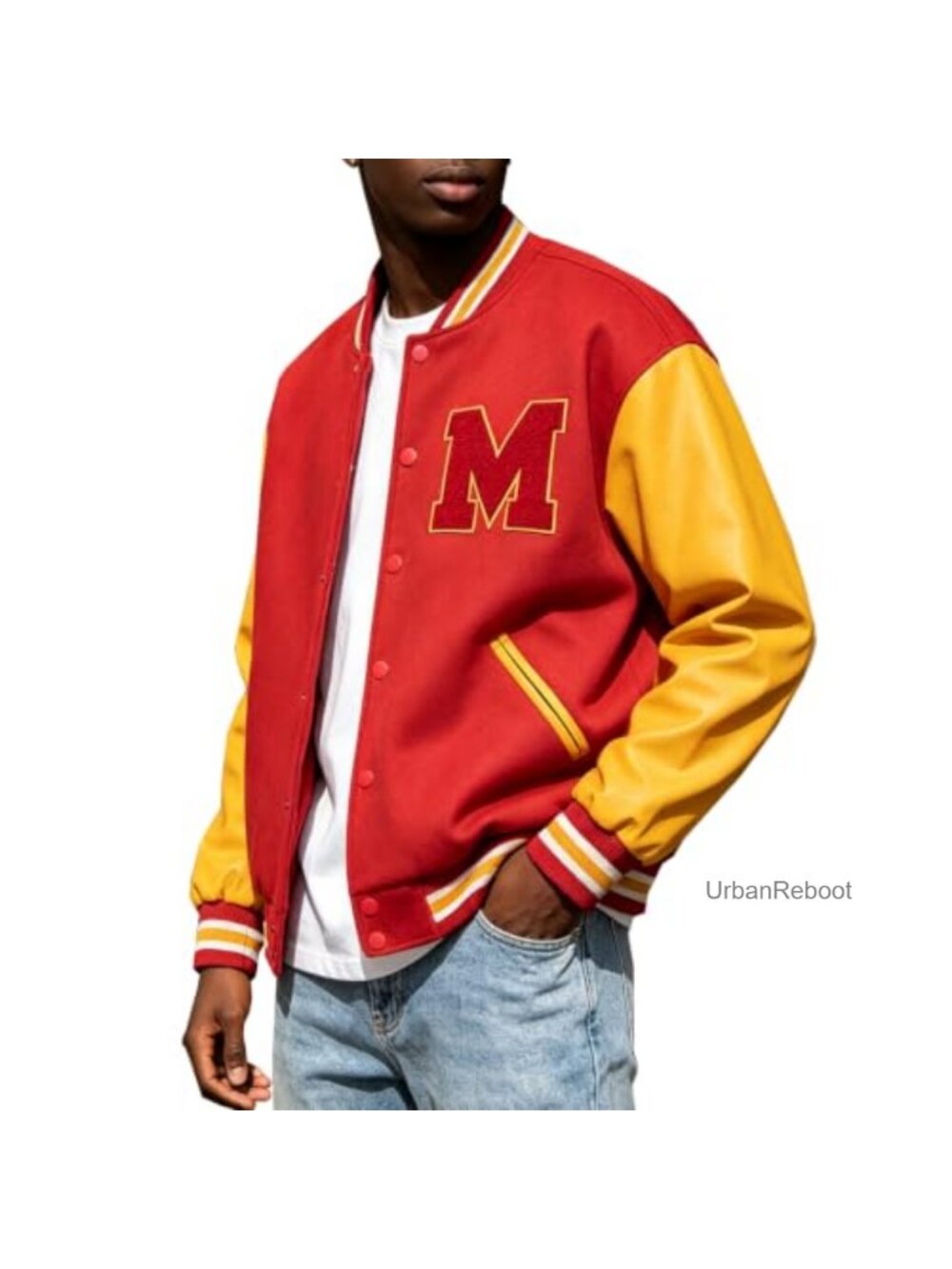 Men's Varsity Bomber Jacket Lightweight PU Leather Sleeves Collegiate